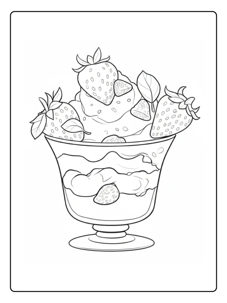 Fruit sundae glass coloring sheet, ice cream with berries and cream.