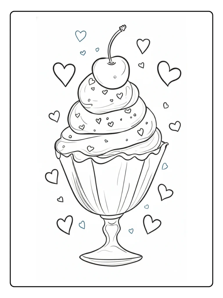 Ice cream cup with hearts coloring page, dessert with cherry and bubbles.