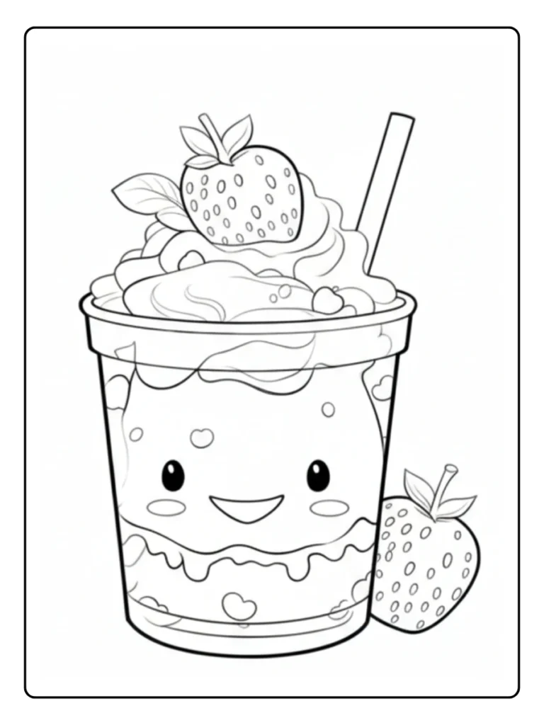 Kawaii ice cream cup coloring sheet, happy dessert with a wafer straw.