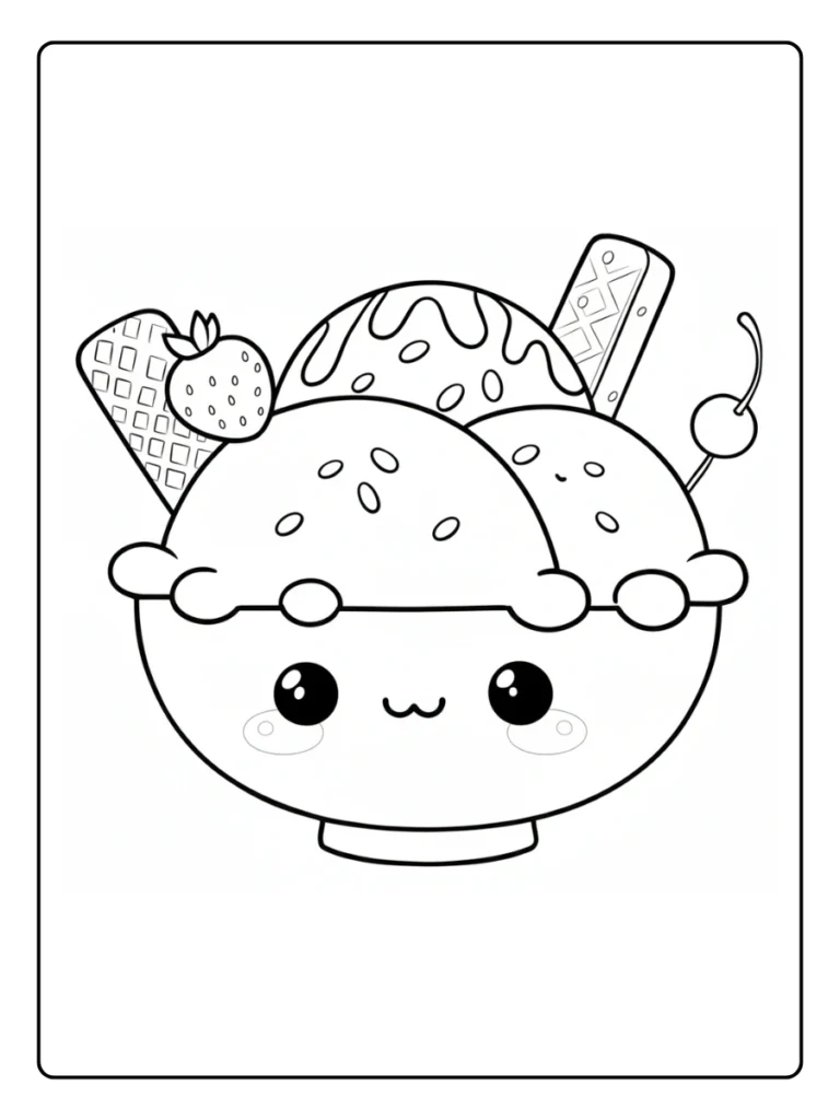 Smiling ice cream bowl coloring page, kawaii dessert with chocolate and berry.