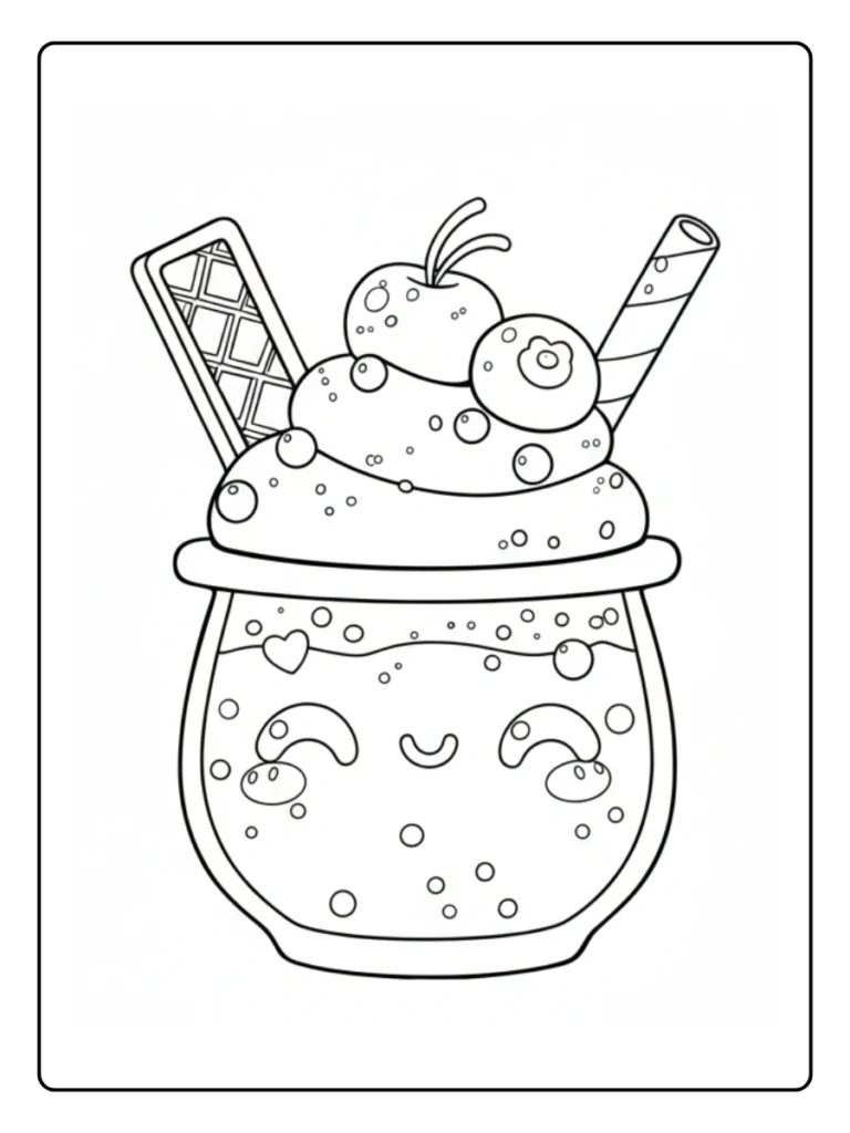 Happy dessert cup coloring sheet, ice cream with wafer sticks and stars.