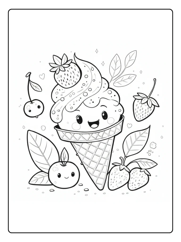 Cute ice cream cone coloring sheet, smiling scoop with berry and leaves.