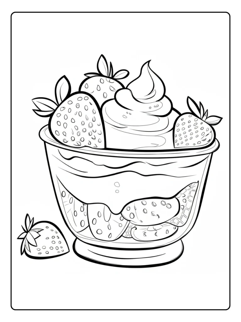 Ice cream sundae bowl coloring sheet, dessert with strawberries and cream.