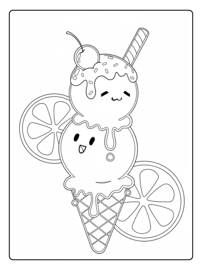 Kawaii double scoop cone coloring page, stacked scoops with citrus slices.