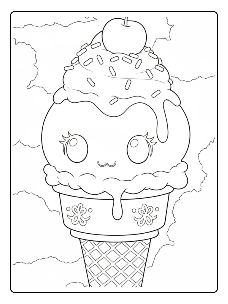 Cute ice cream scoop coloring sheet, happy character with a melting topping.
