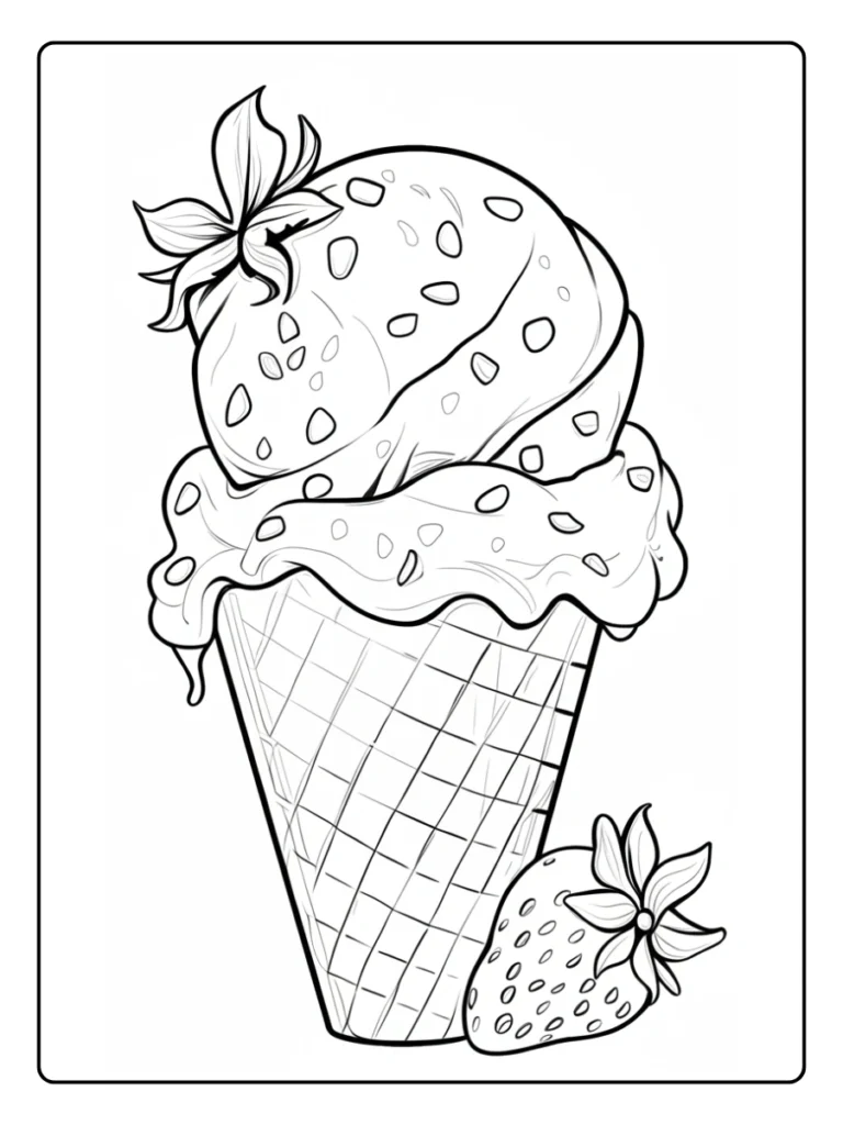 Waffle cone ice cream coloring page, textured dessert with a strawberry.