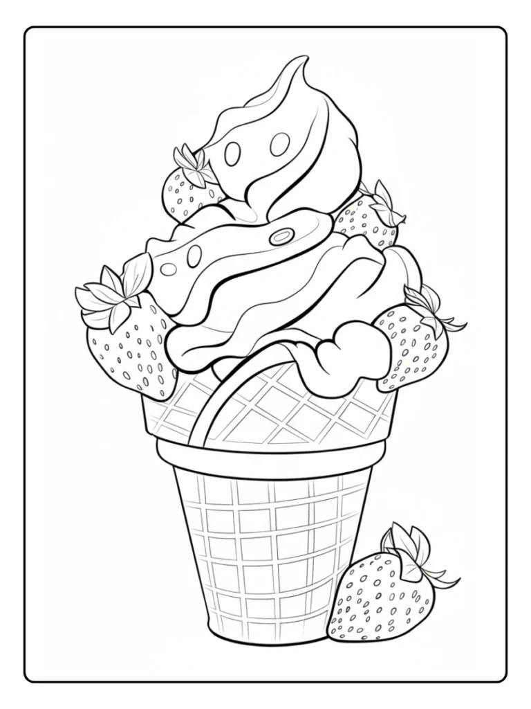 Soft serve ice cream coloring sheet, swirled dessert with strawberries.