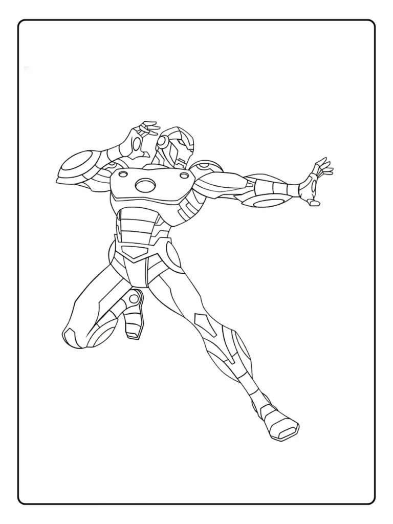 Iron Man Striking a Dynamic Mid-Air Pose Coloring Pages
