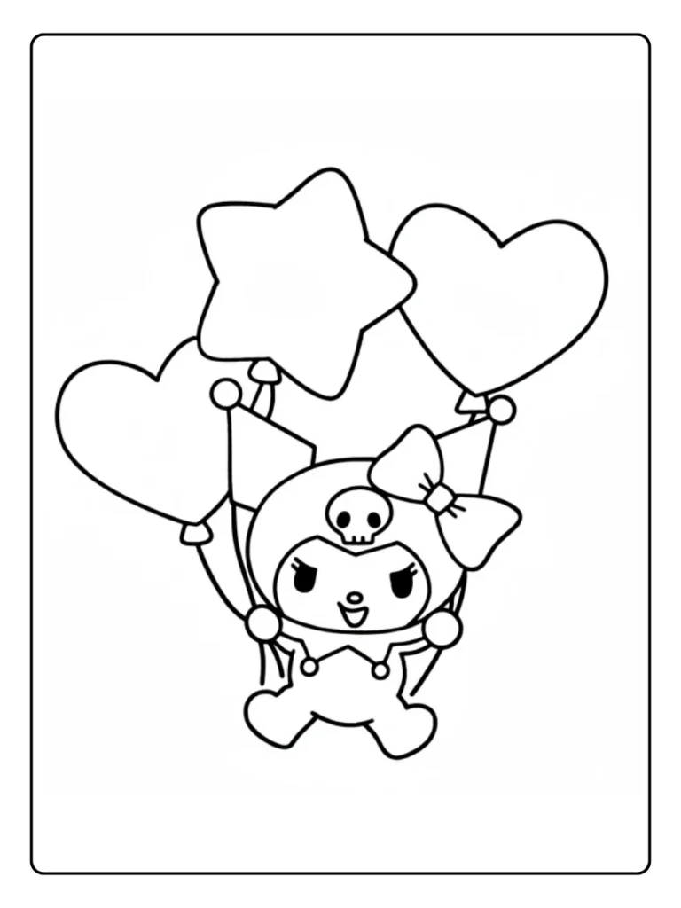 Kuromi holding balloons coloring page, cute character with heart and star balloons.