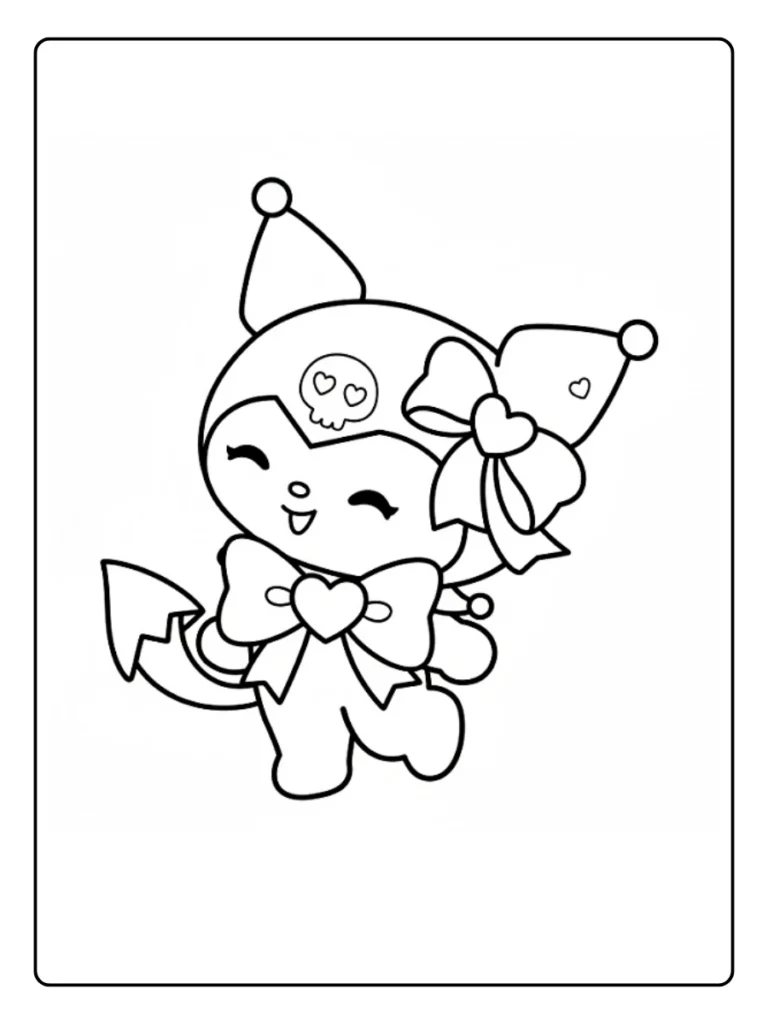 Happy Kuromi coloring sheet, character with a bow and heart details.