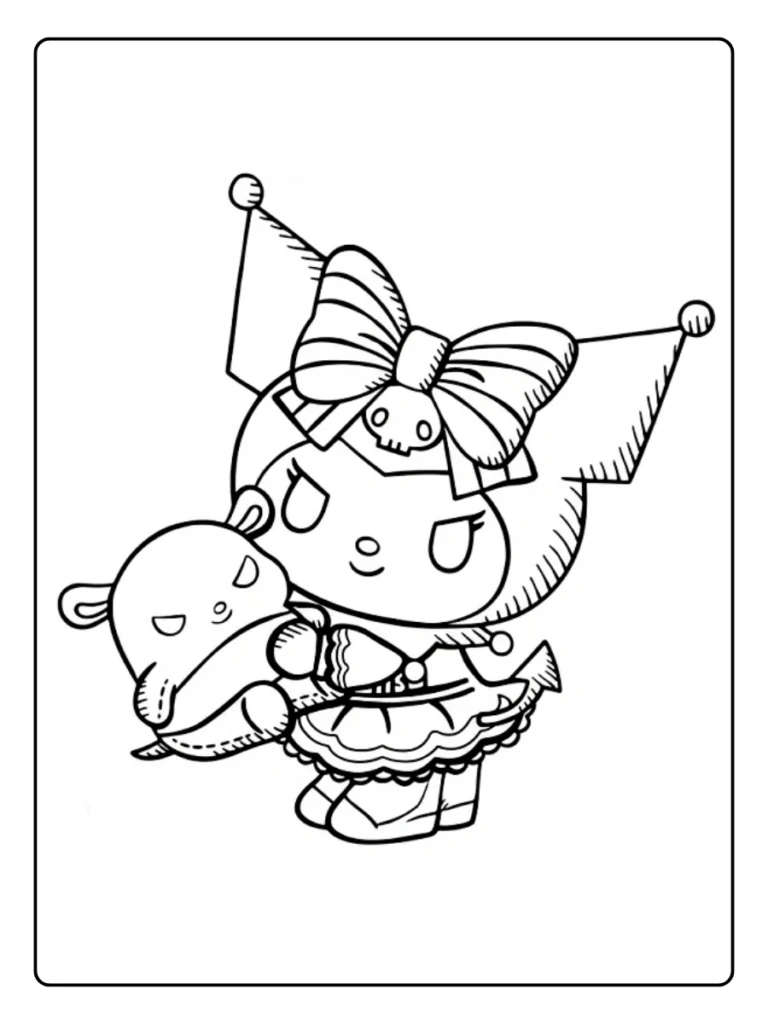 Kuromi with plushie coloring sheet, character hugging a small round friend.