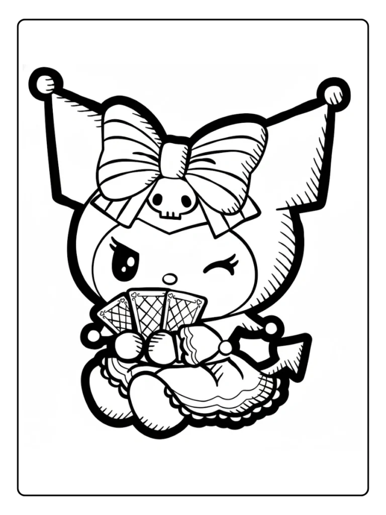 Kuromi with fan coloring page, character in a fancy outfit holding a folding fan.