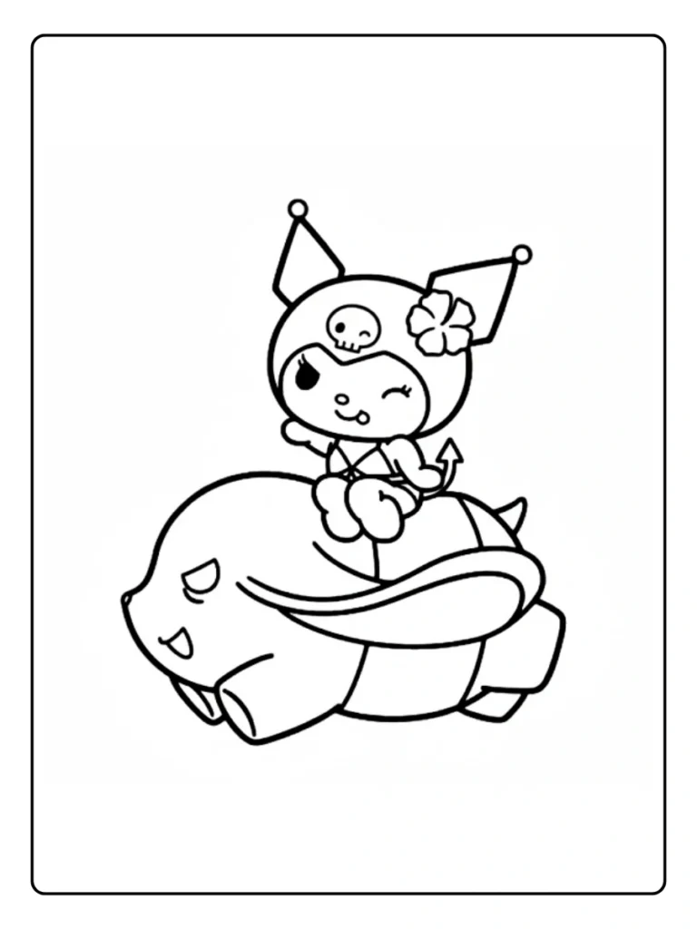 Kuromi riding Baku coloring page, character on her purple tapir friend.