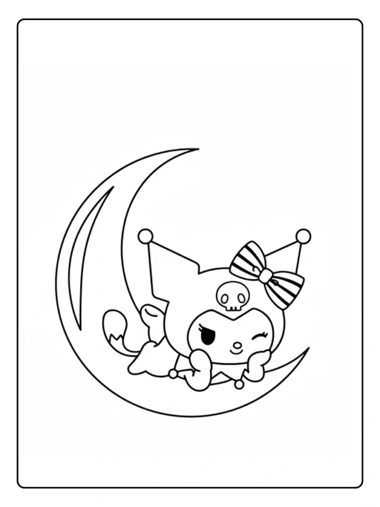 Kuromi on the moon coloring sheet, character resting on a crescent moon.
