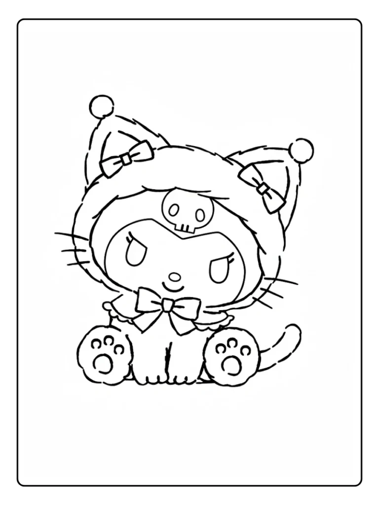 Kuromi in cat suit coloring sheet, Sanrio character wearing a fuzzy feline hood.