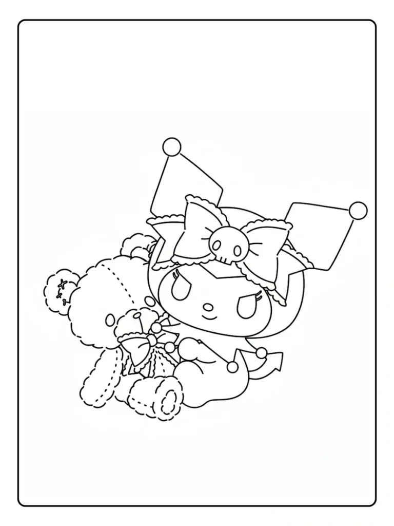 Kuromi with teddy bear coloring page, cute character sitting with a plush toy.