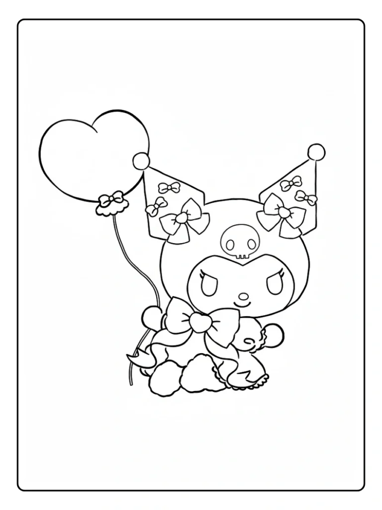 Kuromi with heart balloon coloring page, character holding a single heart-shaped balloon.