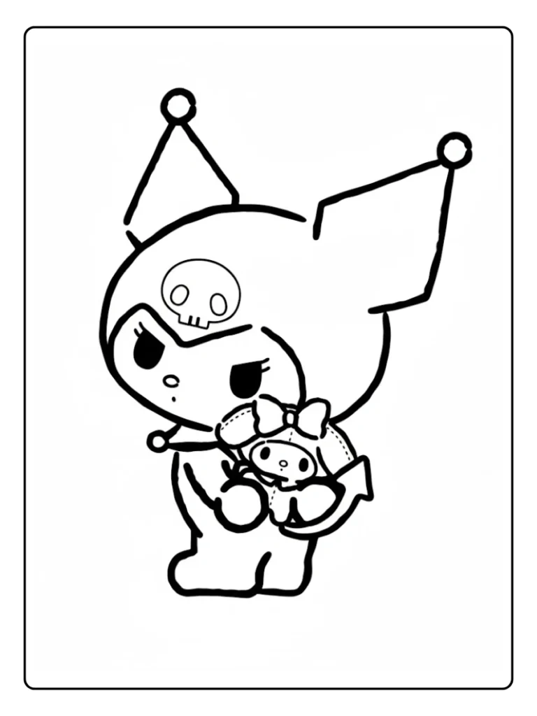 Kuromi hugging a heart coloring sheet, cute character showing affection.