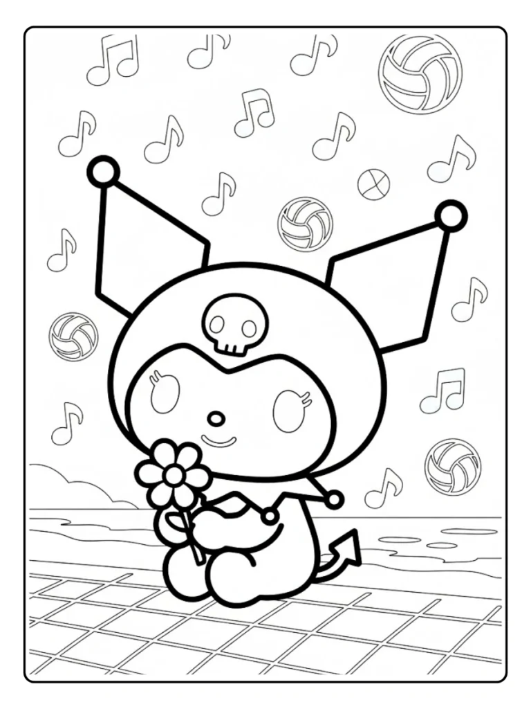Kuromi with flowers coloring sheet, character in a garden with musical notes.