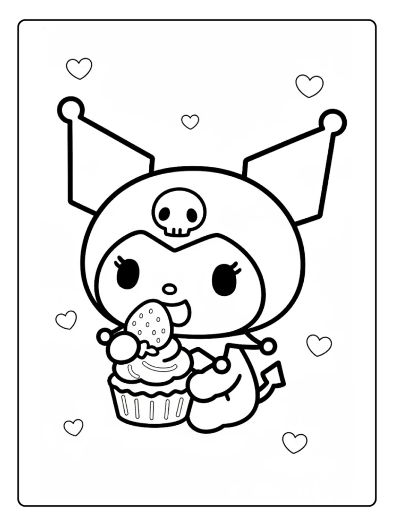 Kuromi with cupcake coloring page, character eating a sweet treat with a strawberry.