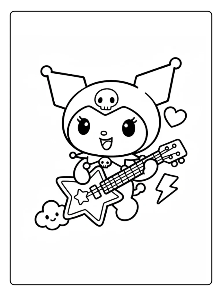 Rockstar Kuromi coloring page, character playing an electric guitar.