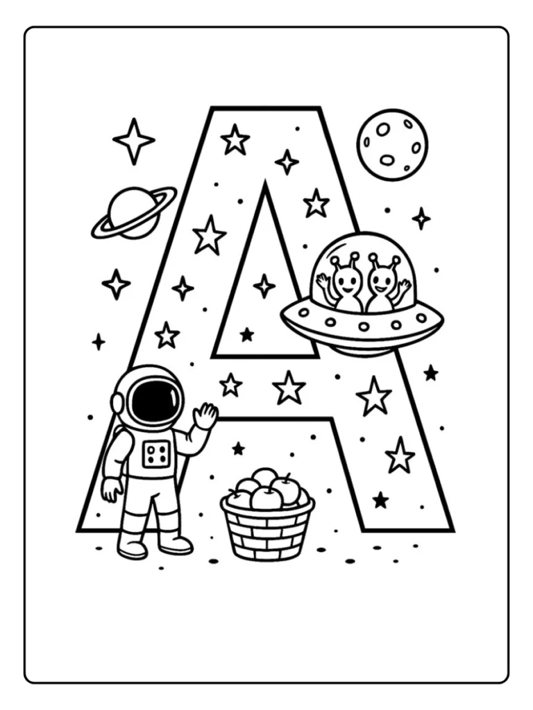 Space Theme Letter A Coloring Pages