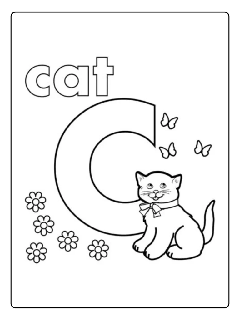Cat and Flowers Letter C Coloring Pages