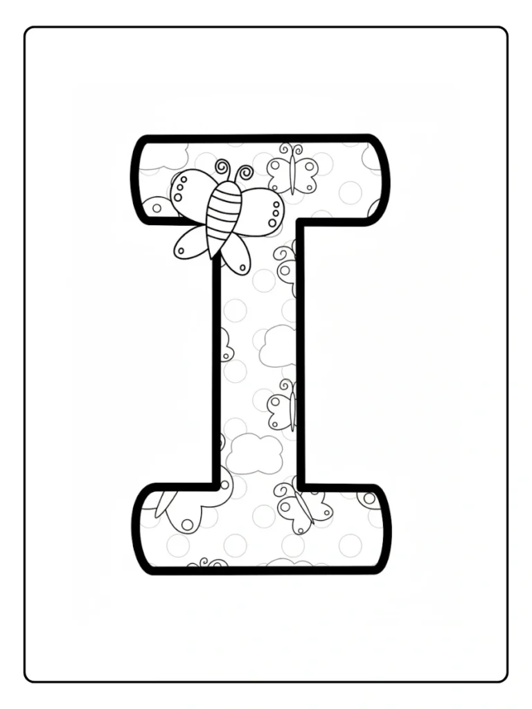 Decorative uppercase letter I with floral patterns for coloring