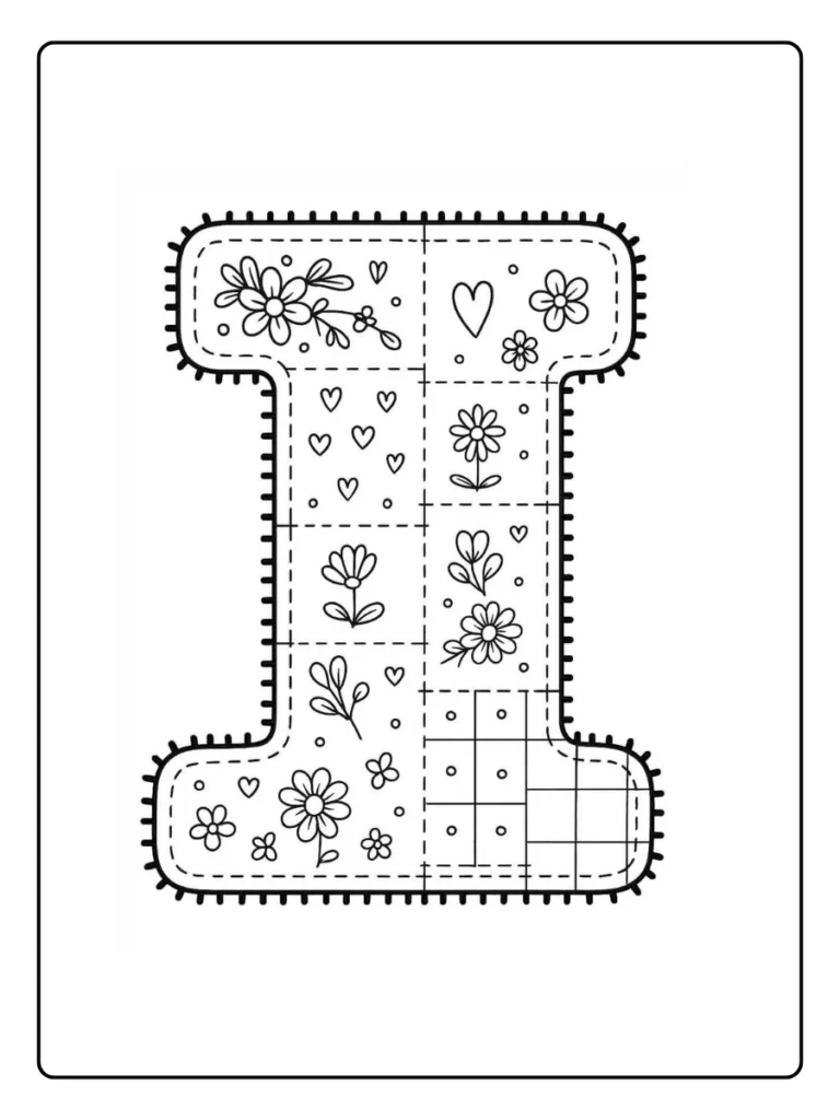 Letter I coloring page with patchwork and decorative patterns