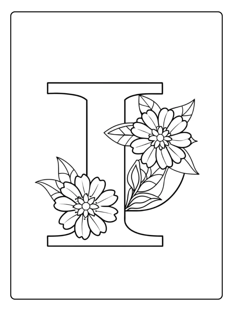 Letter I coloring page with large floral design elements