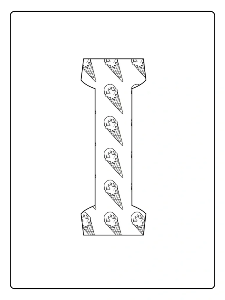 Letter I coloring page with diagonal candy cane stripes