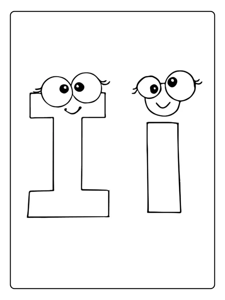 Letter I coloring page showing uppercase and lowercase letters with eyes