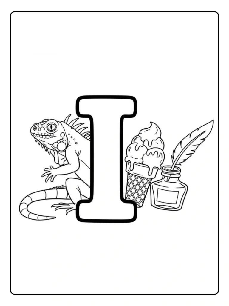 Letter I coloring page with iguana and small insect illustrations