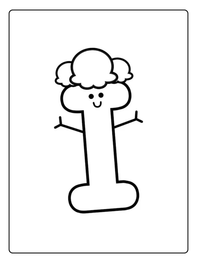 Letter I coloring page designed as a tree character