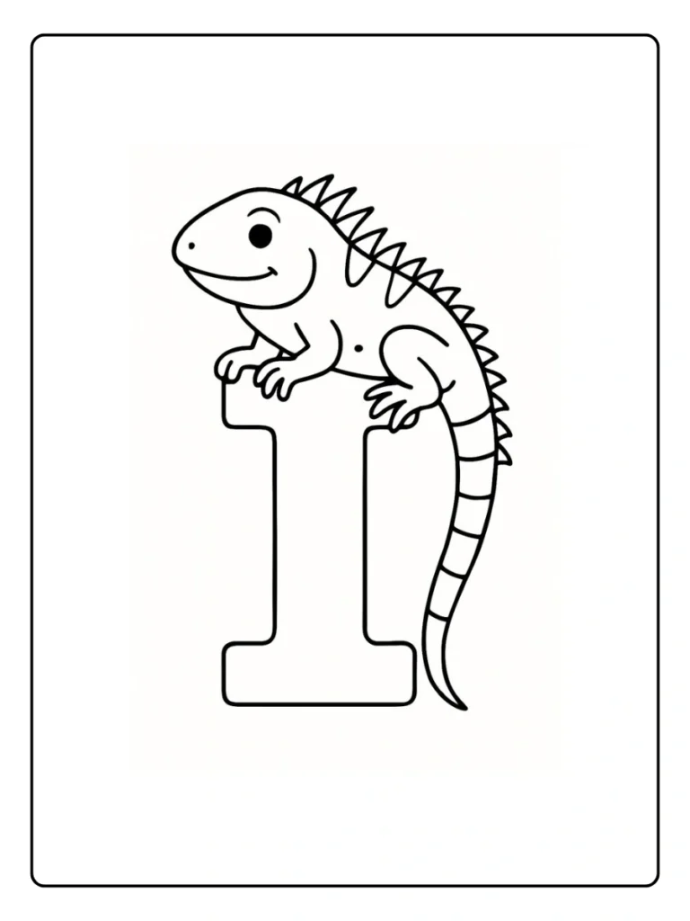 Letter I coloring page with cartoon iguana on top