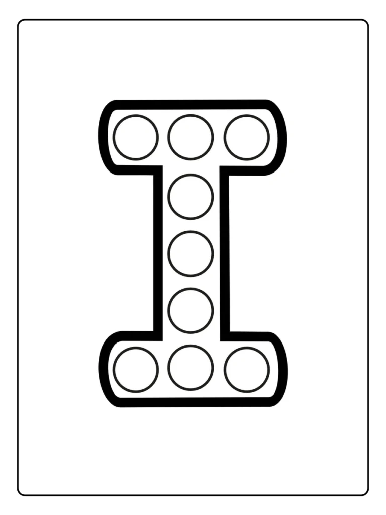 Letter I coloring page decorated with large polka dots
