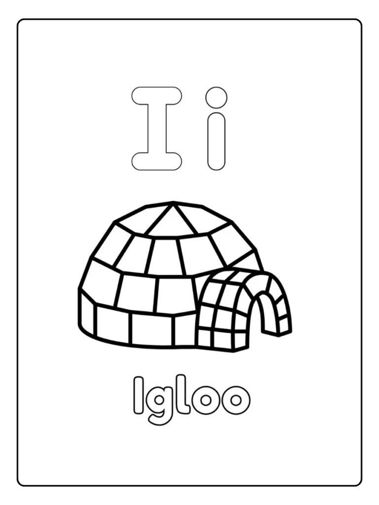 Letter I coloring page with igloo illustration and word Igloo