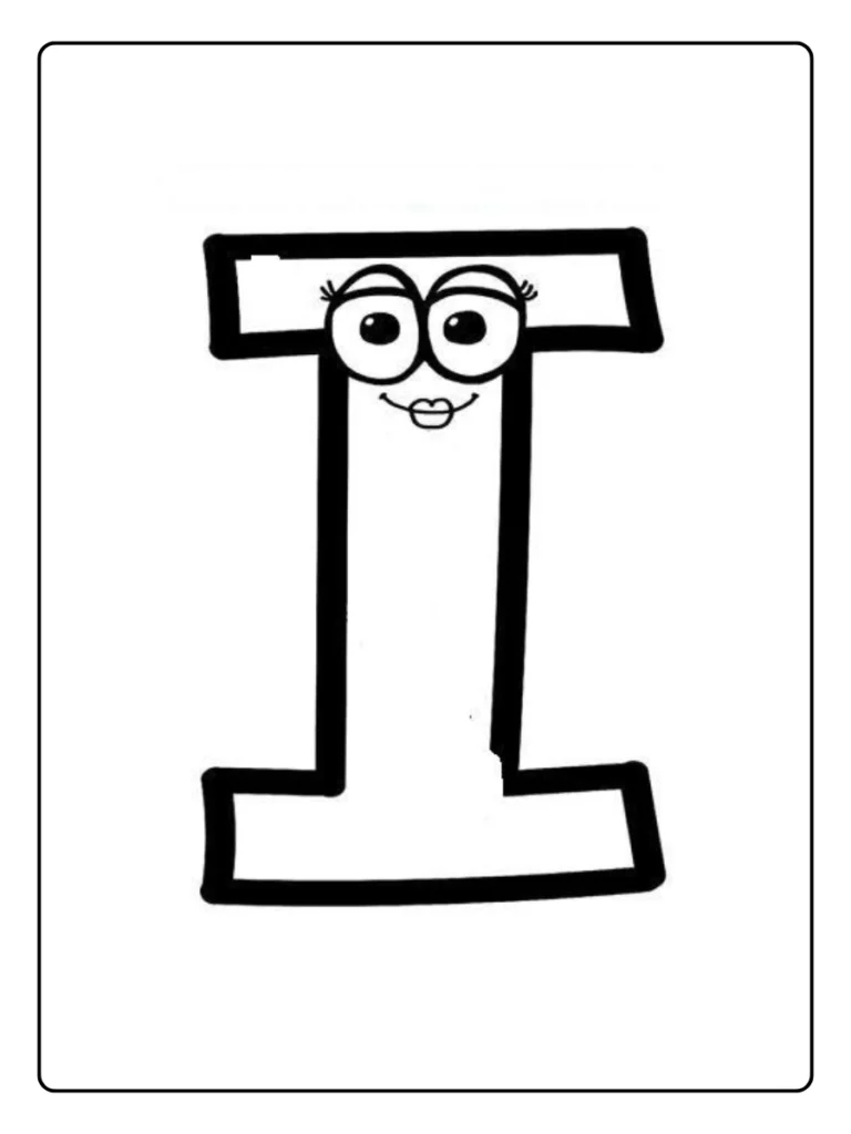Letter I coloring page with smiling cartoon letter wearing glasses