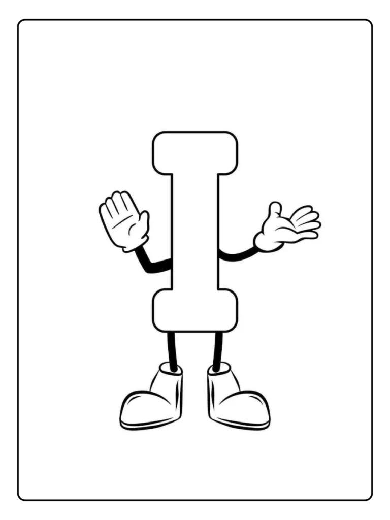 Letter I coloring page with animated character arms and legs