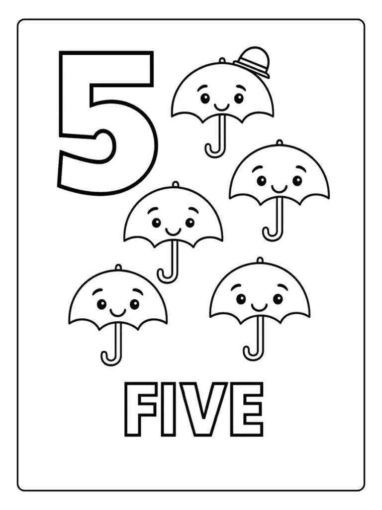 Number 5 Umbrella Theme Number Coloring Pages