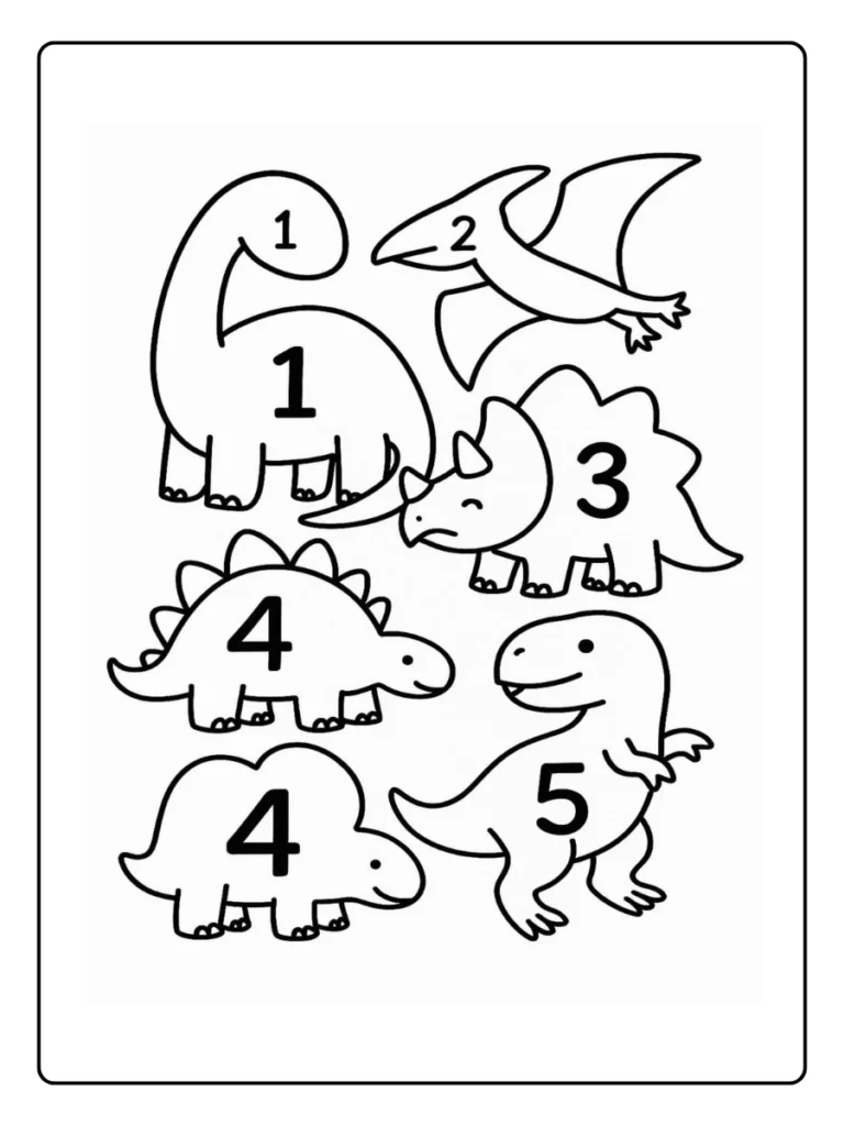 Numbers 1–5 Dinosaur Group Number Coloring Pages