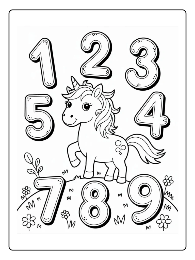 Numbers 1–9 Unicorn Number Coloring Pages