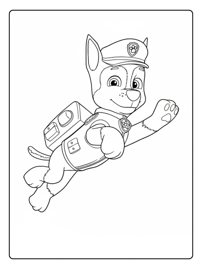 Chase jumping Paw Patrol coloring sheet, police pup in mid-air.