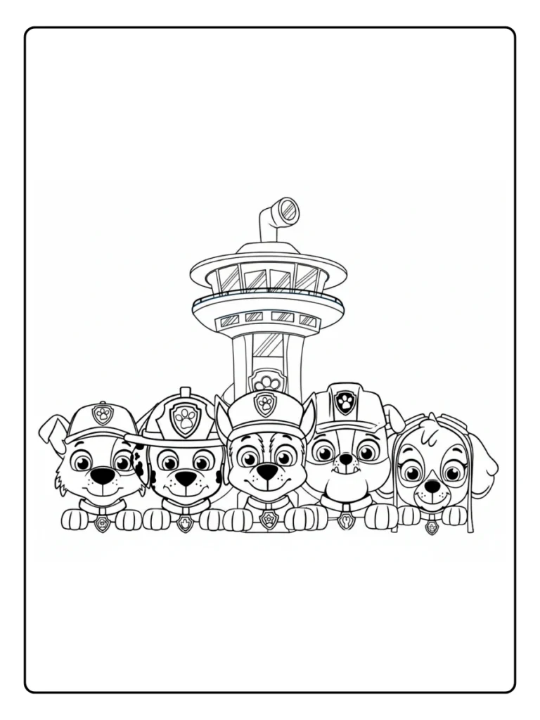 Paw Patrol Lookout Tower coloring page, pups standing in front of HQ.