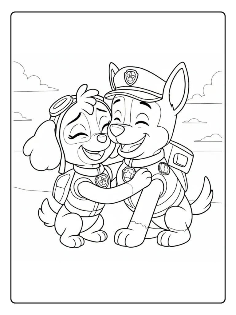 Skye and Chase Paw Patrol coloring page, pups hugging and smiling.