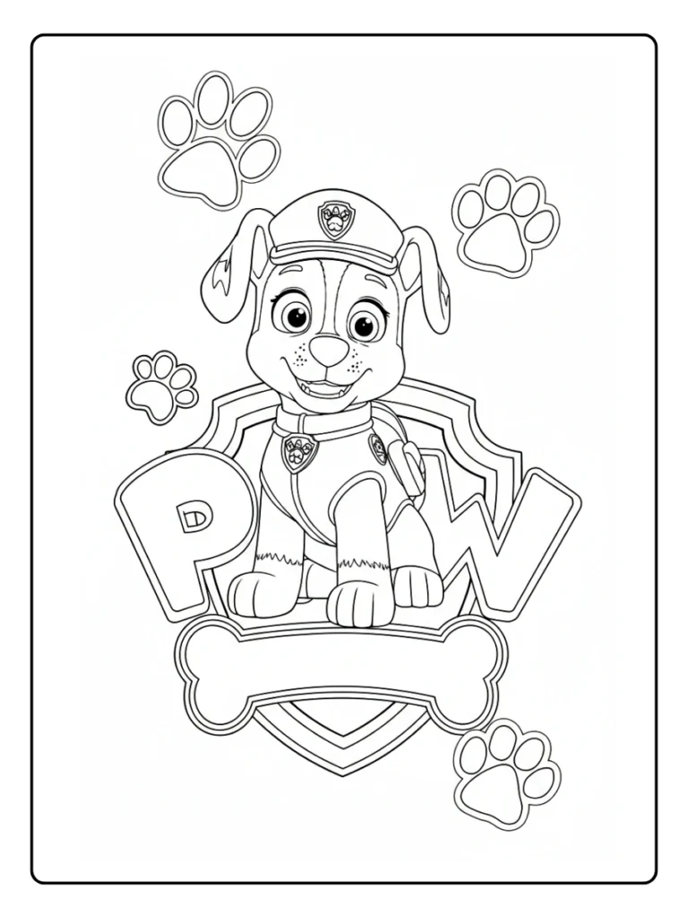 Chase Paw Patrol logo coloring page, pup sitting in front of shield.