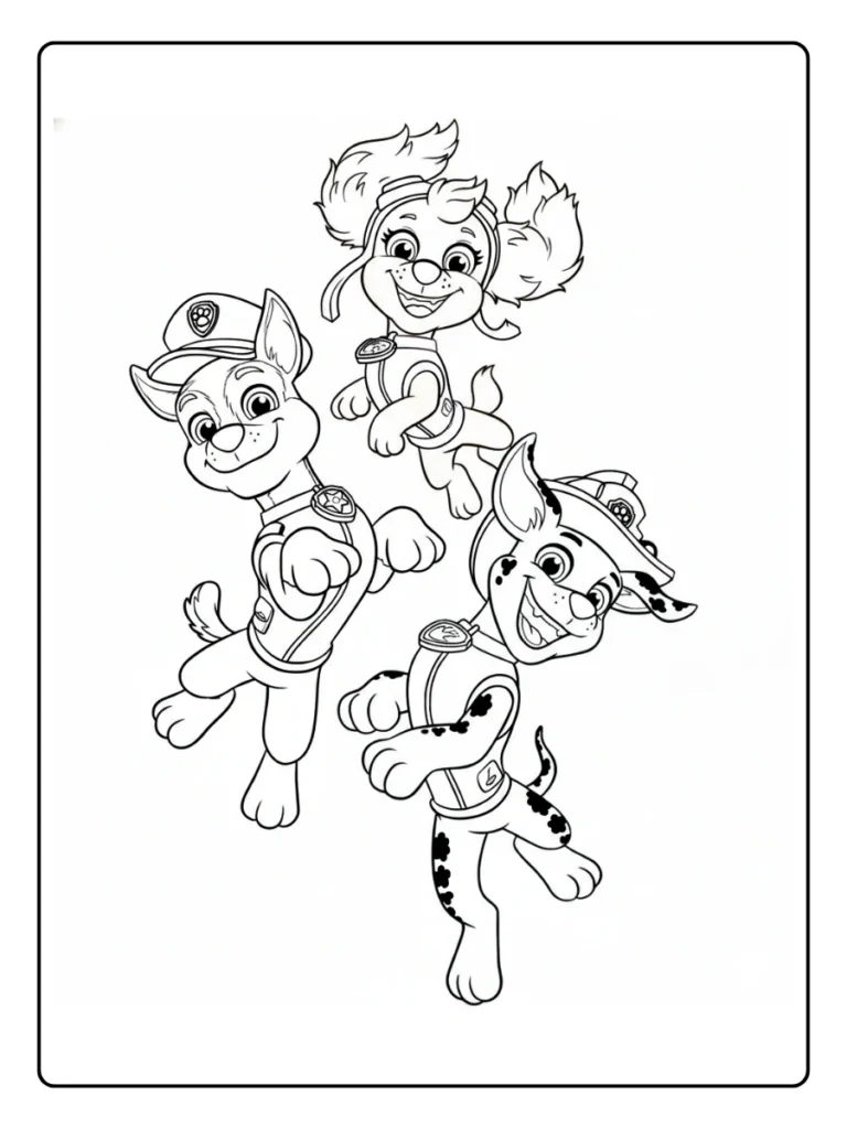 Multiple Paw Patrol pups coloring page, Skye, Marshall, and Chase jumping.