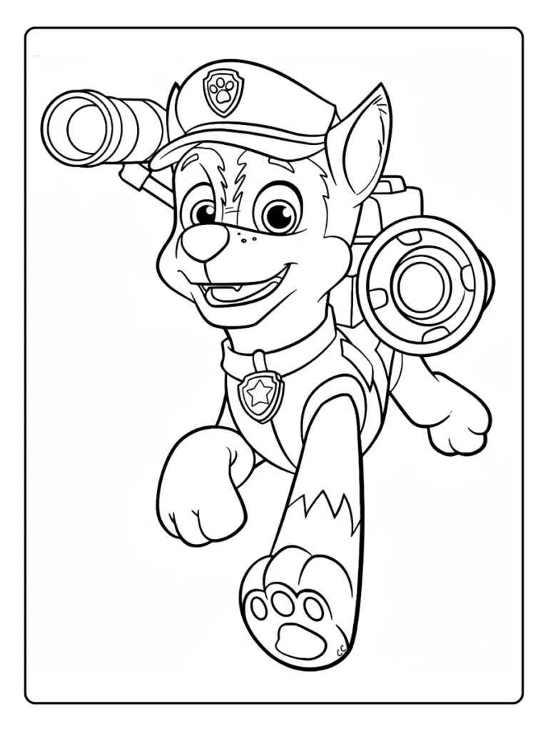 Chase Paw Patrol coloring sheet, police pup in action with backpack.