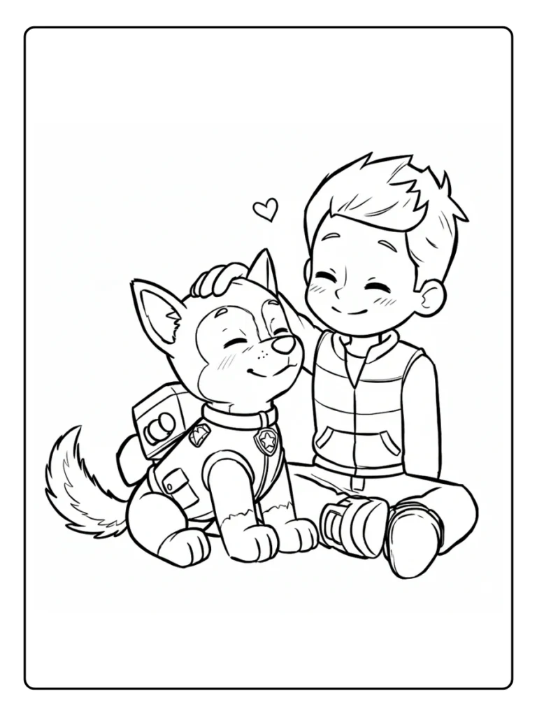 Ryder and Chase Paw Patrol coloring page, boy and police dog sitting together.