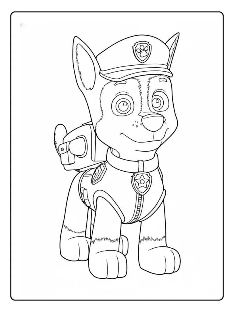 Full body Chase Paw Patrol coloring page, standing police dog.